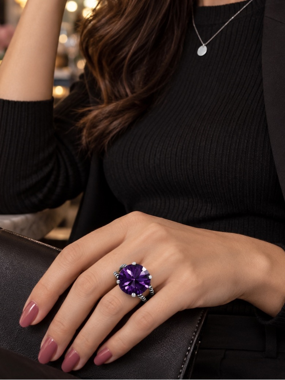 Purple Swarovski Crystal Statement Cocktail Ring Adjustable